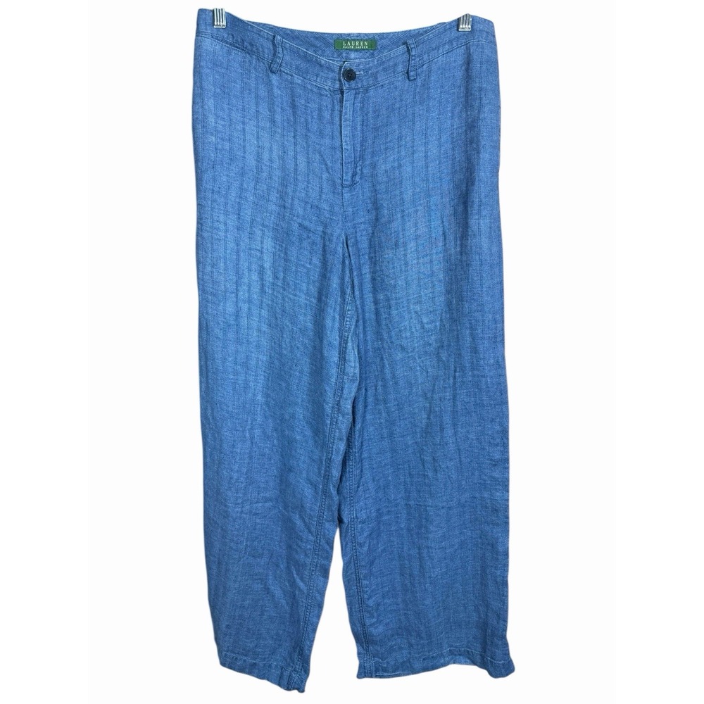 Lauren Ralph Lauren Blue Linen Pants Womens 10 Wide Leg Coastal Resort Chic - Picture 2 of 13